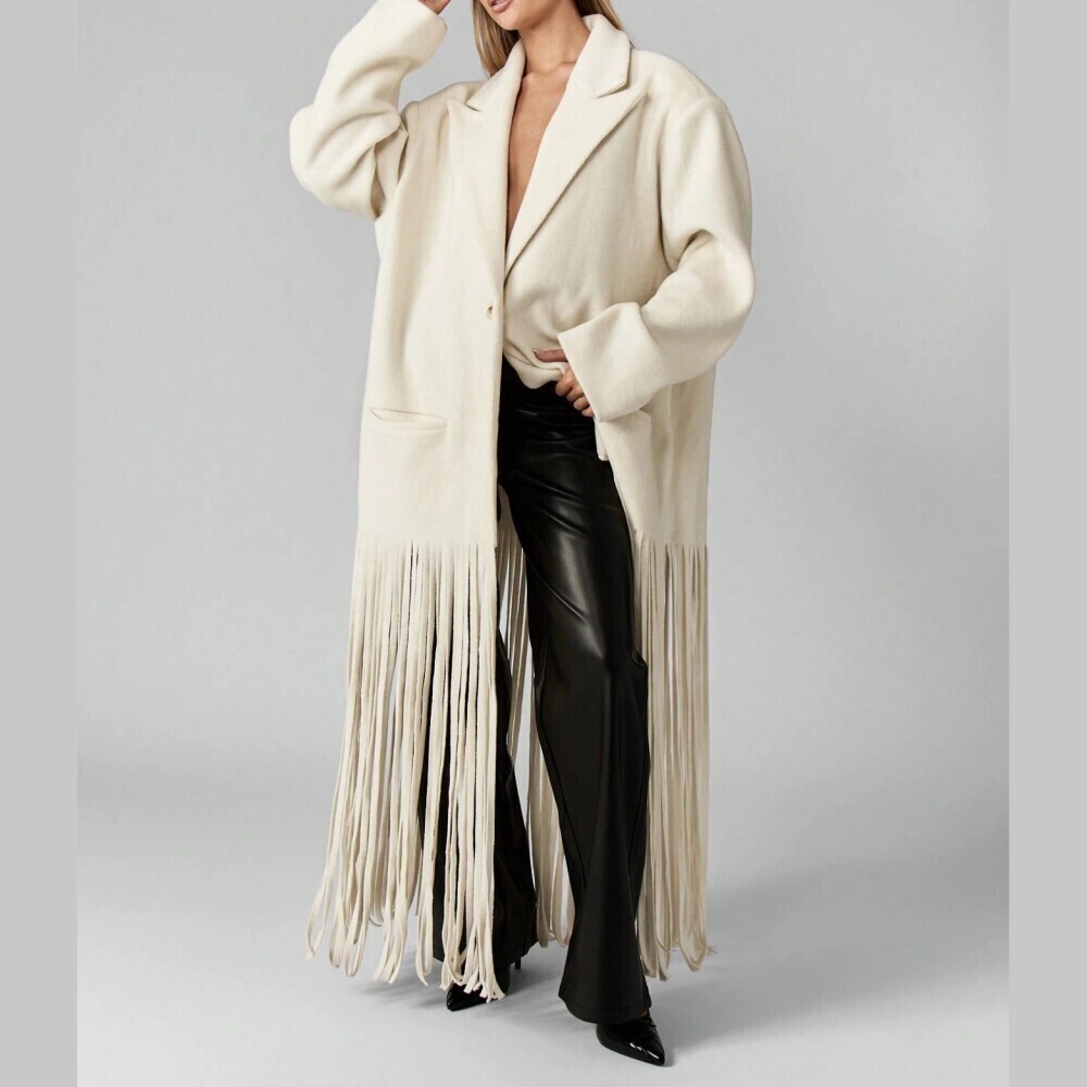 Cream Fringe Hem Oversized Longline Coat - Picture 6 of 6